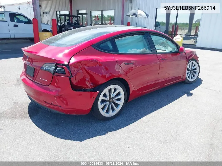 2022 Tesla Model 3 Long Range Dual Motor All-Wheel Drive VIN: 5YJ3E1EB5NF266914 Lot: 40094633