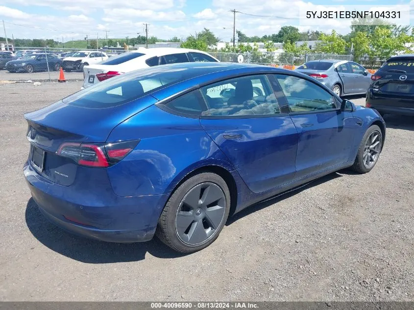 2022 Tesla Model 3 Long Range Dual Motor All-Wheel Drive VIN: 5YJ3E1EB5NF104331 Lot: 40096590