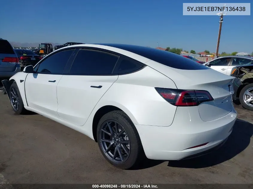 2022 Tesla Model 3 Long Range Dual Motor All-Wheel Drive VIN: 5YJ3E1EB7NF136438 Lot: 40098248