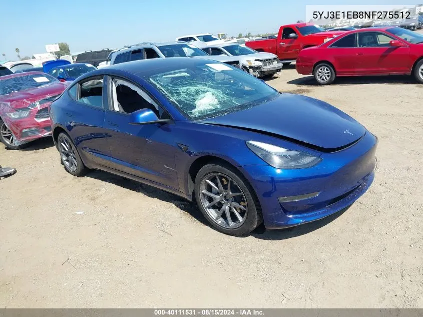 2022 Tesla Model 3 Long Range Dual Motor All-Wheel Drive VIN: 5YJ3E1EB8NF275512 Lot: 40111531