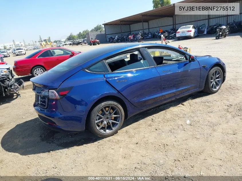 2022 Tesla Model 3 Long Range Dual Motor All-Wheel Drive VIN: 5YJ3E1EB8NF275512 Lot: 40111531