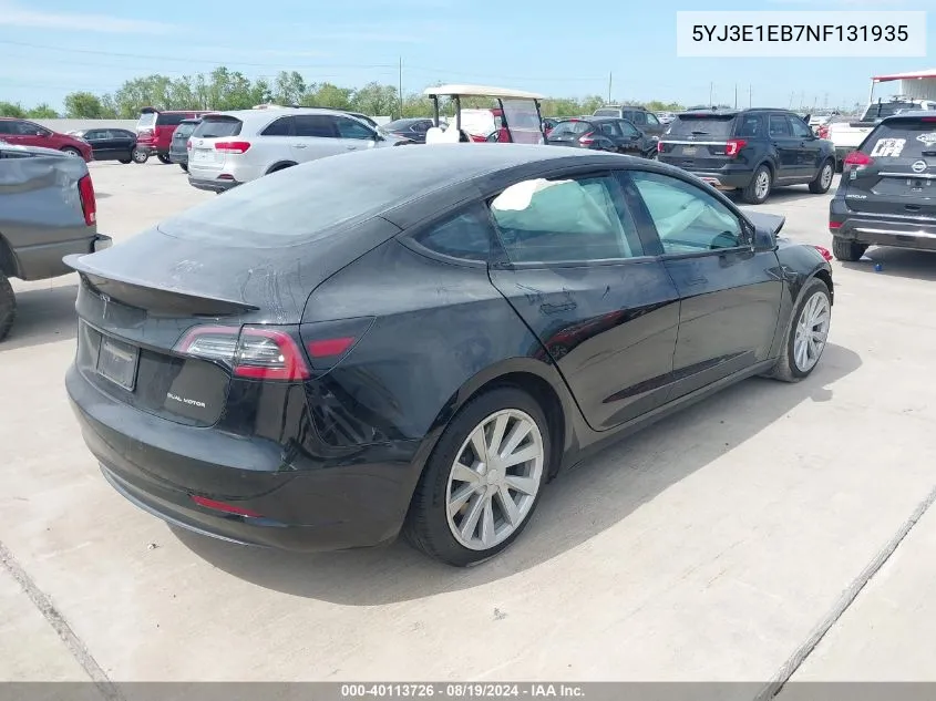 2022 Tesla Model 3 Long Range Dual Motor All-Wheel Drive VIN: 5YJ3E1EB7NF131935 Lot: 40113726