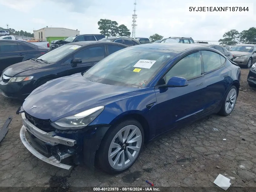 2022 Tesla Model 3 Rear-Wheel Drive VIN: 5YJ3E1EAXNF187844 Lot: 40123978