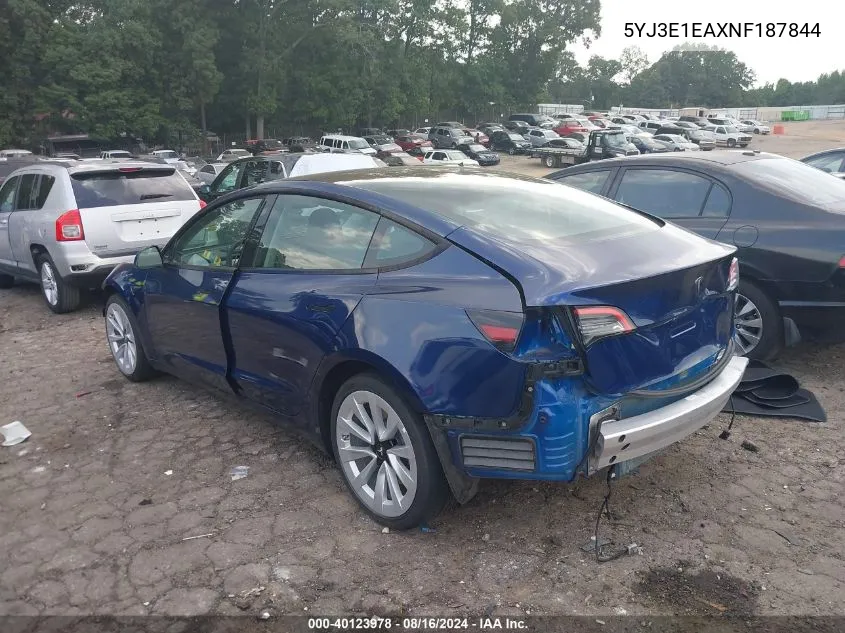 2022 Tesla Model 3 Rear-Wheel Drive VIN: 5YJ3E1EAXNF187844 Lot: 40123978