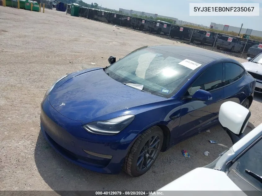 2022 Tesla Model 3 VIN: 5YJ3E1EB0NF235067 Lot: 40129079