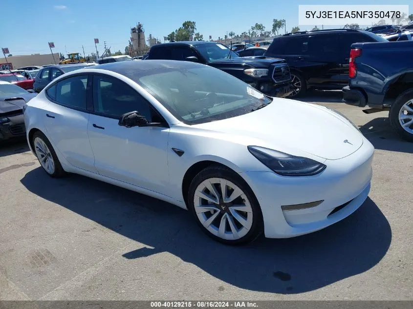 2022 Tesla Model 3 Rear-Wheel Drive VIN: 5YJ3E1EA5NF350478 Lot: 40129215