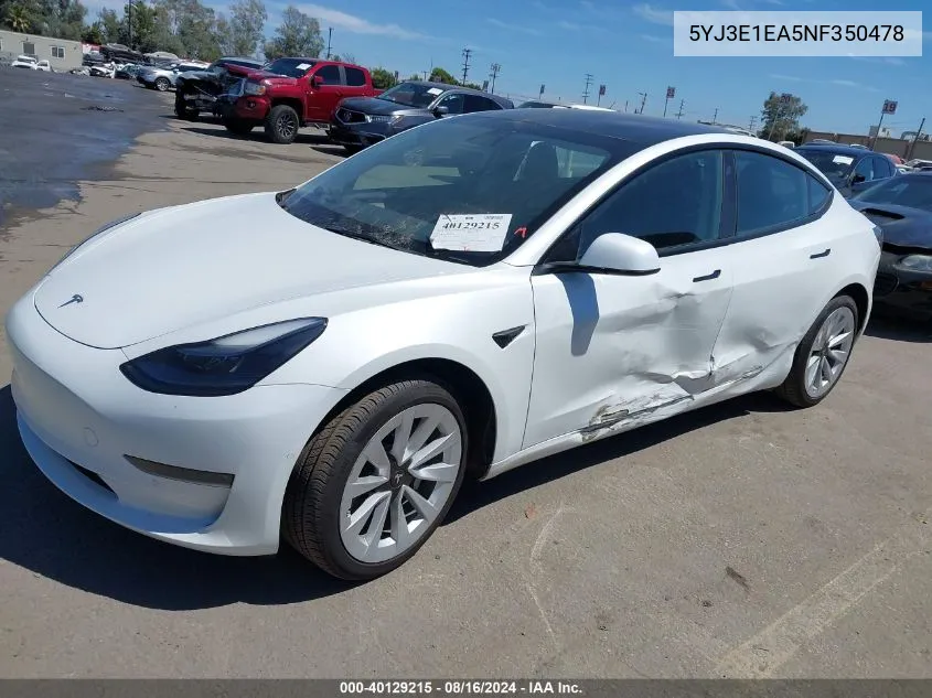 2022 Tesla Model 3 Rear-Wheel Drive VIN: 5YJ3E1EA5NF350478 Lot: 40129215