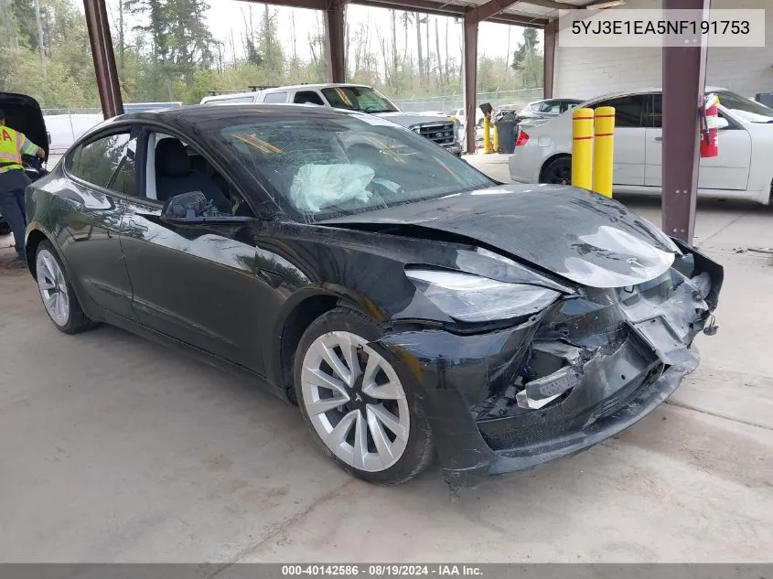 5YJ3E1EA5NF191753 2022 Tesla Model 3 Rear-Wheel Drive