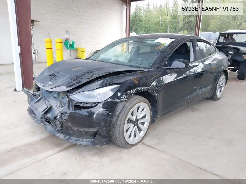 2022 Tesla Model 3 Rear-Wheel Drive VIN: 5YJ3E1EA5NF191753 Lot: 40142586