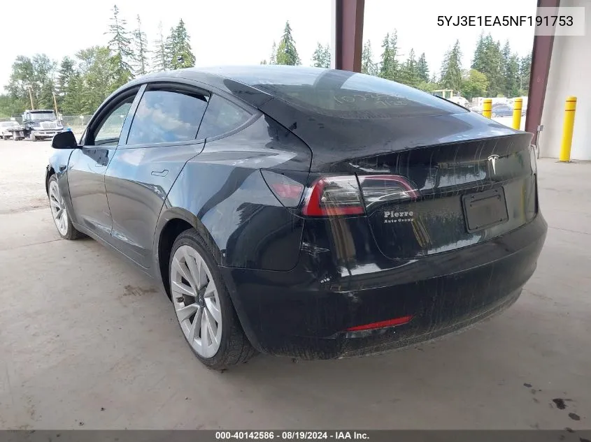 2022 Tesla Model 3 Rear-Wheel Drive VIN: 5YJ3E1EA5NF191753 Lot: 40142586