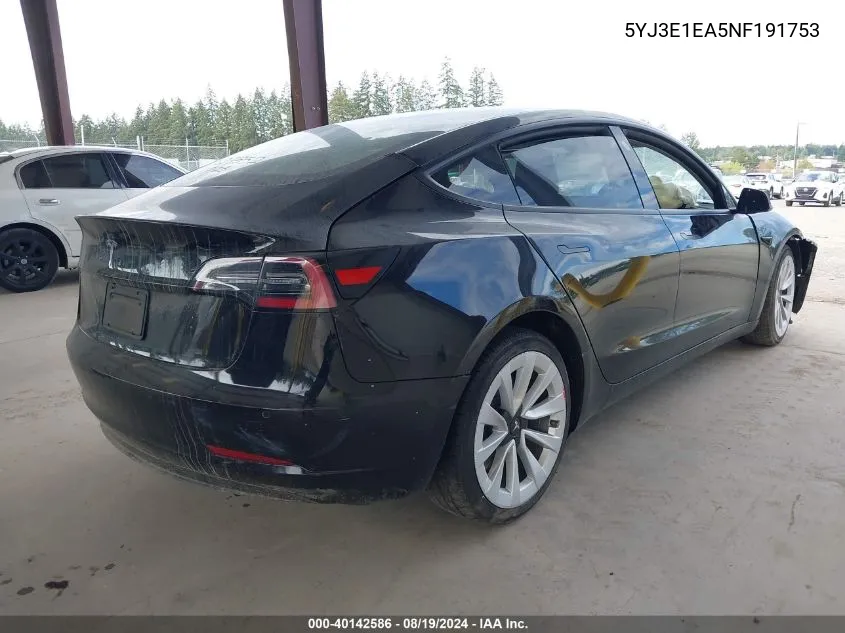 2022 Tesla Model 3 Rear-Wheel Drive VIN: 5YJ3E1EA5NF191753 Lot: 40142586