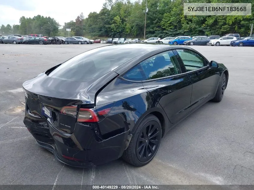 2022 Tesla Model 3 Long Range Dual Motor All-Wheel Drive VIN: 5YJ3E1EB6NF183668 Lot: 40149229