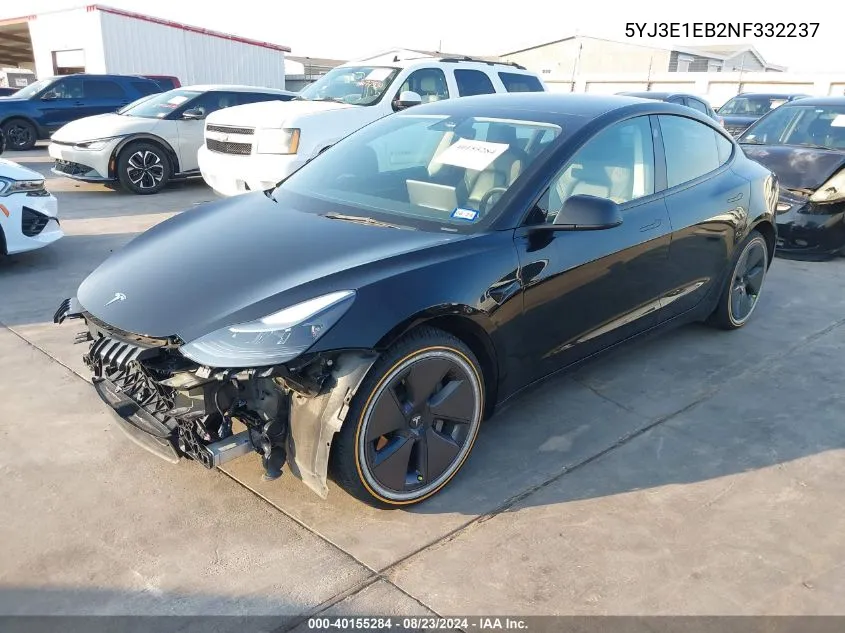 2022 Tesla Model 3 Long Range Dual Motor All-Wheel Drive VIN: 5YJ3E1EB2NF332237 Lot: 40155284