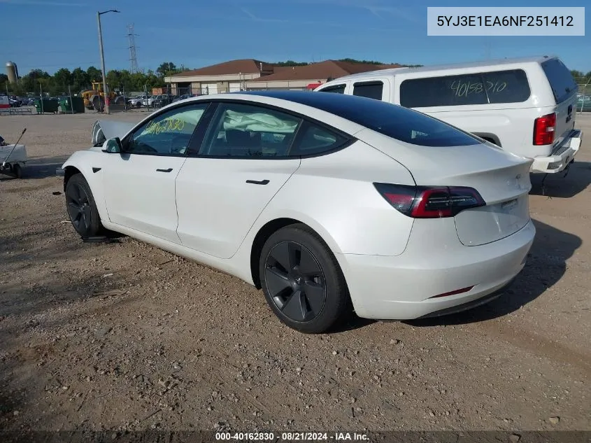 2022 Tesla Model 3 VIN: 5YJ3E1EA6NF251412 Lot: 40162830