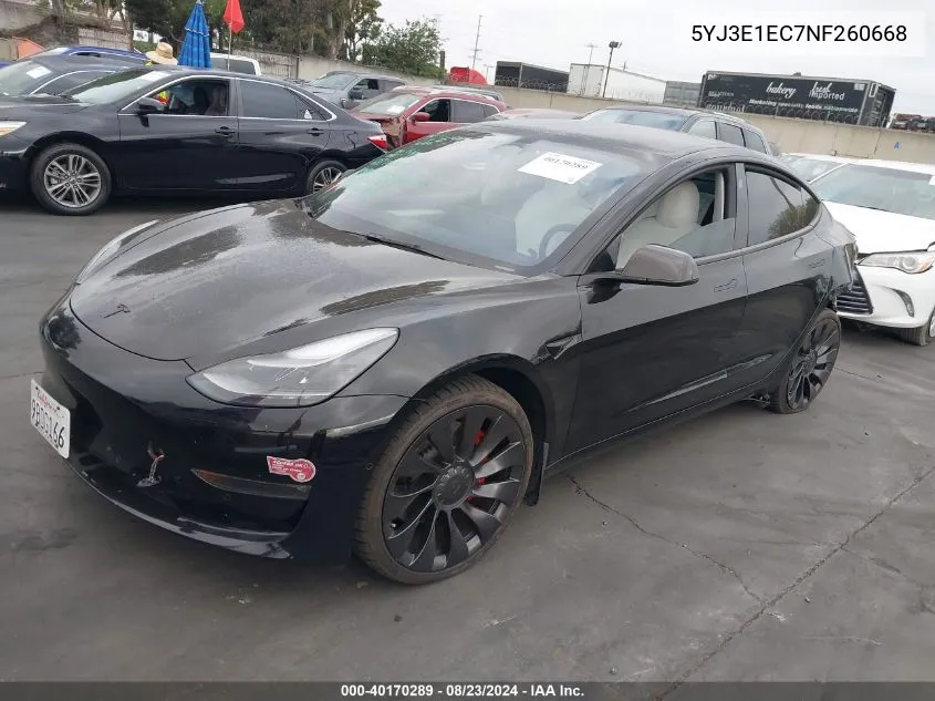 2022 Tesla Model 3 Performance Dual Motor All-Wheel Drive VIN: 5YJ3E1EC7NF260668 Lot: 40170289