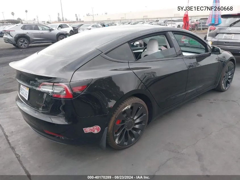 2022 Tesla Model 3 Performance Dual Motor All-Wheel Drive VIN: 5YJ3E1EC7NF260668 Lot: 40170289