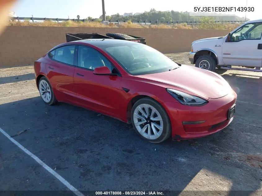 2022 Tesla Model 3 Long Range Dual Motor All-Wheel Drive VIN: 5YJ3E1EB2NF143930 Lot: 40178008