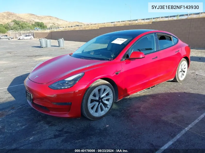 2022 Tesla Model 3 Long Range Dual Motor All-Wheel Drive VIN: 5YJ3E1EB2NF143930 Lot: 40178008