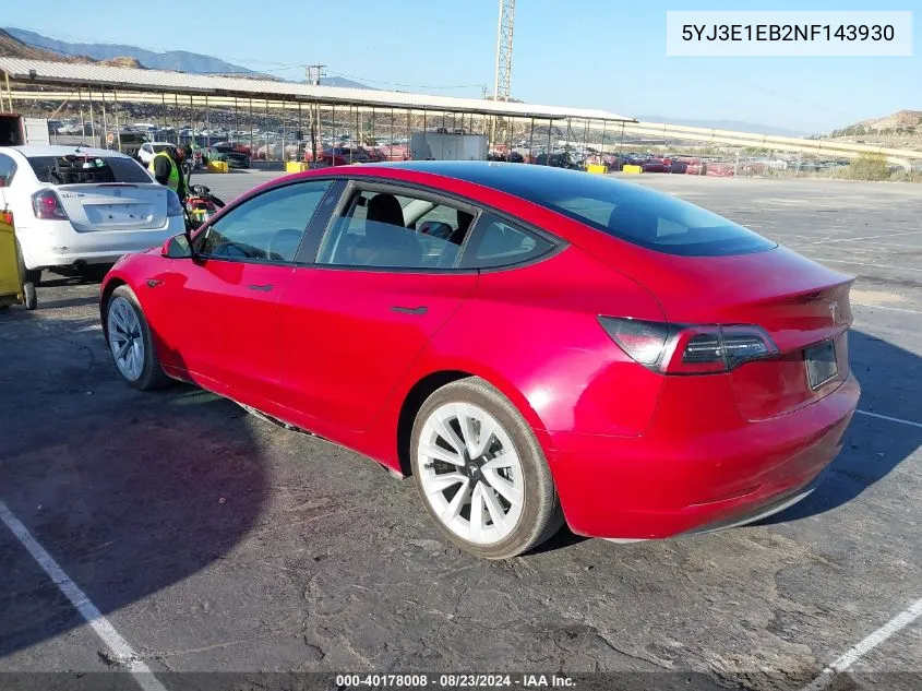 2022 Tesla Model 3 Long Range Dual Motor All-Wheel Drive VIN: 5YJ3E1EB2NF143930 Lot: 40178008