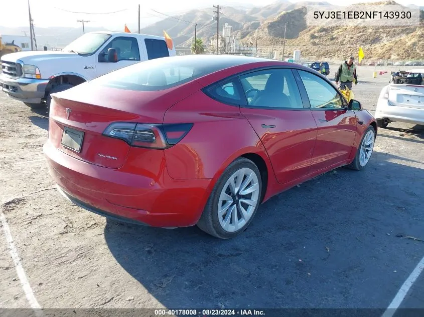 2022 Tesla Model 3 Long Range Dual Motor All-Wheel Drive VIN: 5YJ3E1EB2NF143930 Lot: 40178008