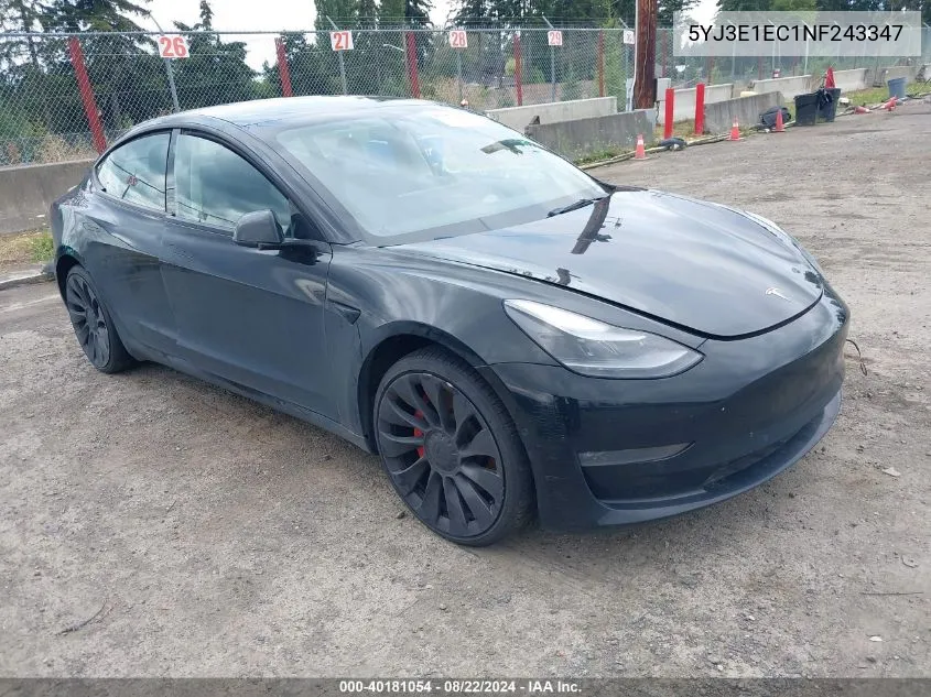 2022 Tesla Model 3 Performance Dual Motor All-Wheel Drive VIN: 5YJ3E1EC1NF243347 Lot: 40181054