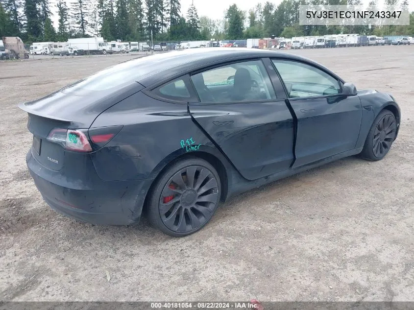 2022 Tesla Model 3 Performance Dual Motor All-Wheel Drive VIN: 5YJ3E1EC1NF243347 Lot: 40181054