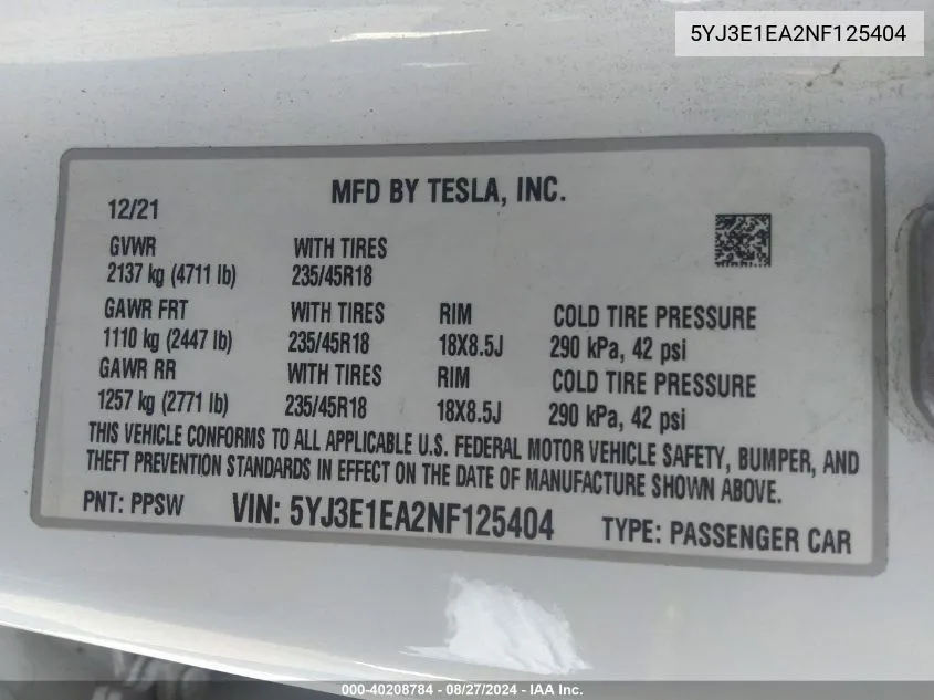 5YJ3E1EA2NF125404 2022 Tesla Model 3 Rear-Wheel Drive