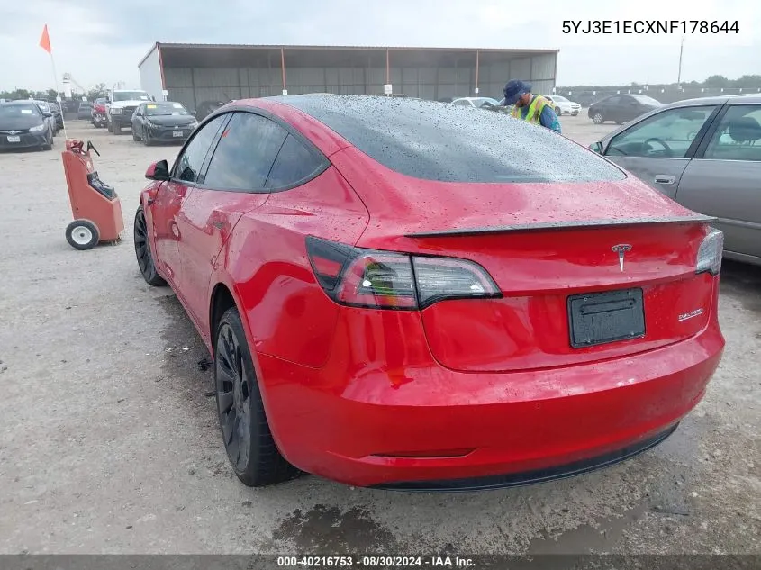 2022 Tesla Model 3 Performance Dual Motor All-Wheel Drive VIN: 5YJ3E1ECXNF178644 Lot: 40216753