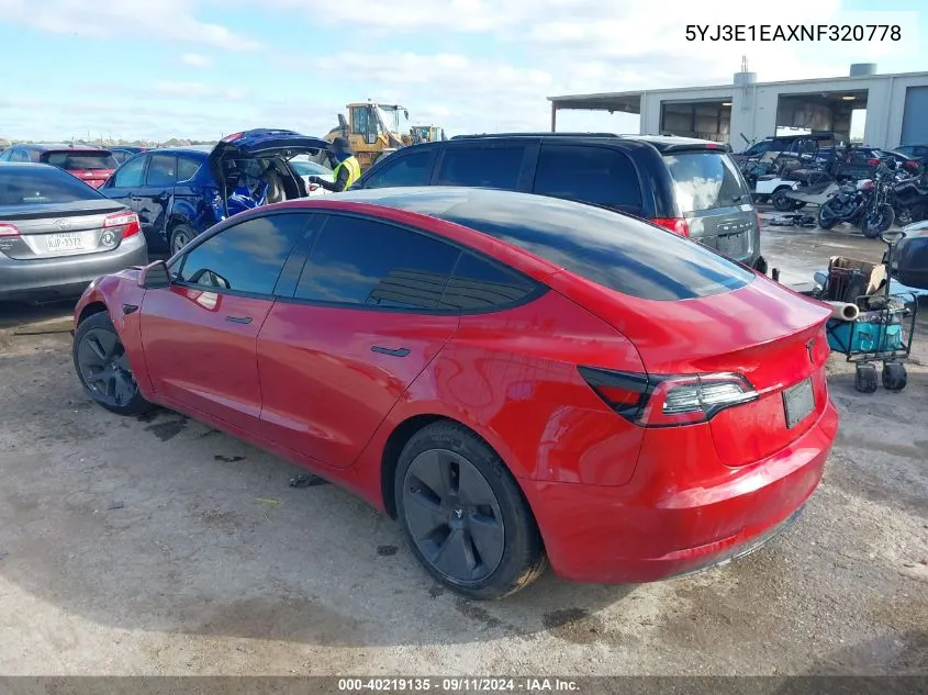 5YJ3E1EAXNF320778 2022 Tesla Model 3