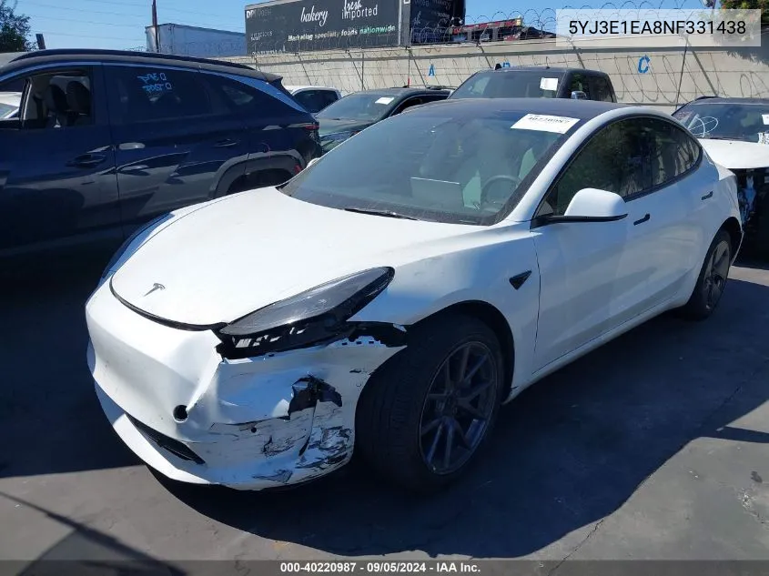 2022 Tesla Model 3 Rear-Wheel Drive VIN: 5YJ3E1EA8NF331438 Lot: 40220987