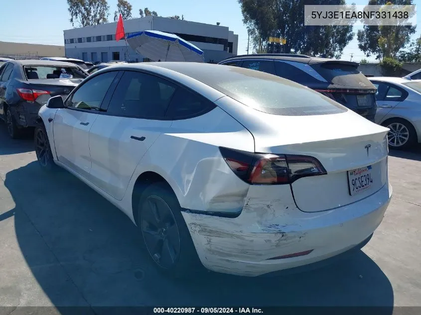 5YJ3E1EA8NF331438 2022 Tesla Model 3 Rear-Wheel Drive