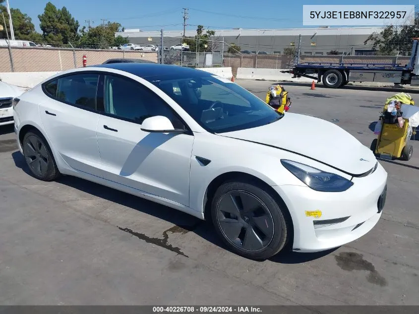 2022 Tesla Model 3 Long Range Dual Motor All-Wheel Drive VIN: 5YJ3E1EB8NF322957 Lot: 40226708