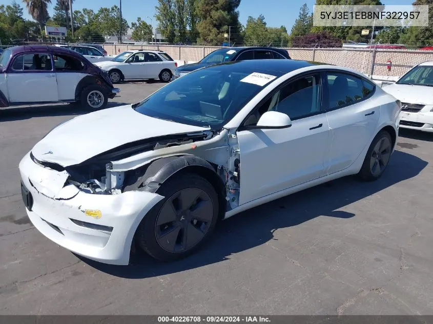 2022 Tesla Model 3 Long Range Dual Motor All-Wheel Drive VIN: 5YJ3E1EB8NF322957 Lot: 40226708