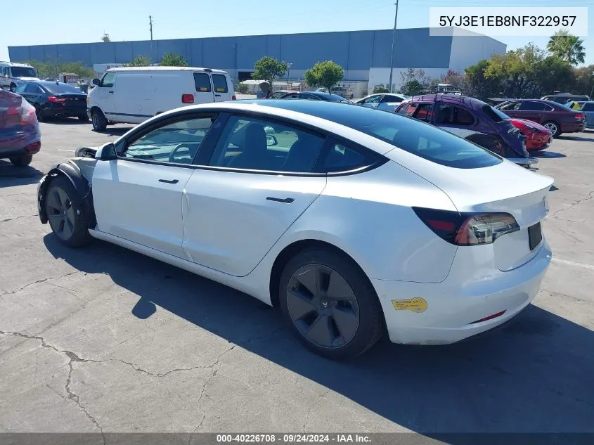 2022 Tesla Model 3 Long Range Dual Motor All-Wheel Drive VIN: 5YJ3E1EB8NF322957 Lot: 40226708