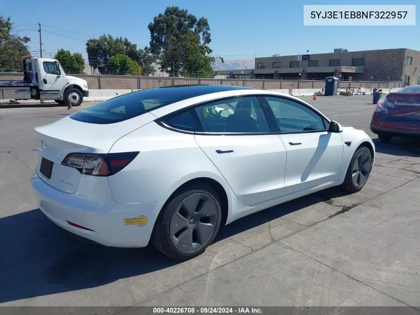 2022 Tesla Model 3 Long Range Dual Motor All-Wheel Drive VIN: 5YJ3E1EB8NF322957 Lot: 40226708