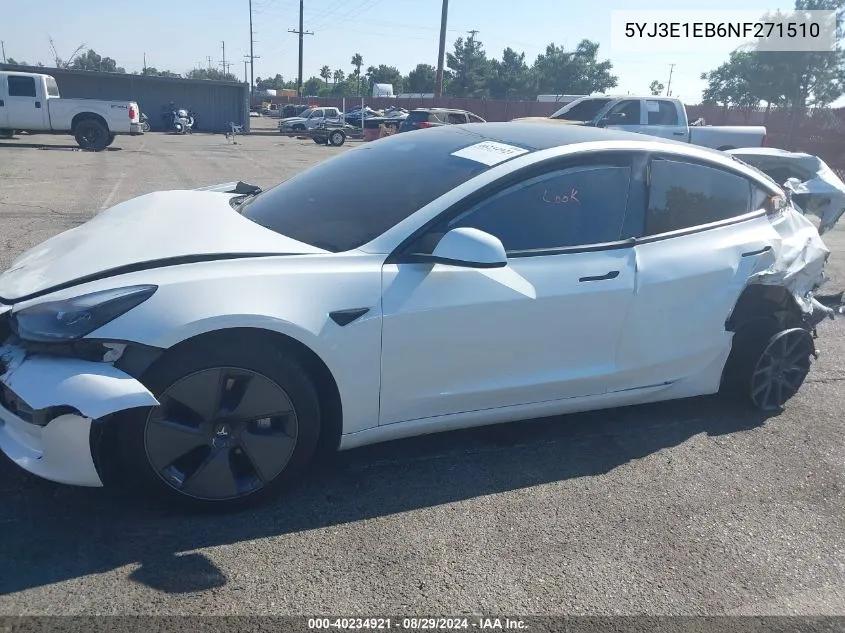 2022 Tesla Model 3 Long Range Dual Motor All-Wheel Drive VIN: 5YJ3E1EB6NF271510 Lot: 40234921