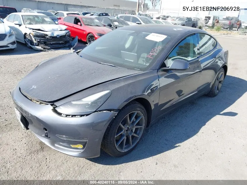 2022 Tesla Model 3 Long Range Dual Motor All-Wheel Drive VIN: 5YJ3E1EB2NF206928 Lot: 40240115