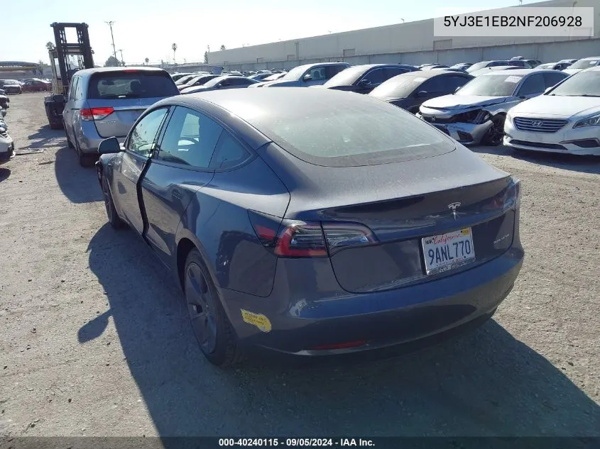 2022 Tesla Model 3 Long Range Dual Motor All-Wheel Drive VIN: 5YJ3E1EB2NF206928 Lot: 40240115