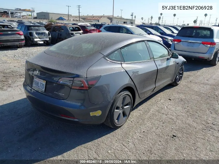 2022 Tesla Model 3 Long Range Dual Motor All-Wheel Drive VIN: 5YJ3E1EB2NF206928 Lot: 40240115