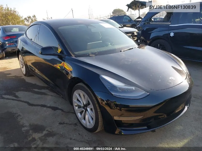 2022 Tesla Model 3 Long Range Dual Motor All-Wheel Drive VIN: 5YJ3E1EB6NF130839 Lot: 40249891