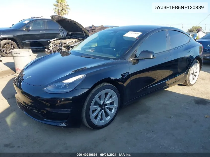 2022 Tesla Model 3 Long Range Dual Motor All-Wheel Drive VIN: 5YJ3E1EB6NF130839 Lot: 40249891