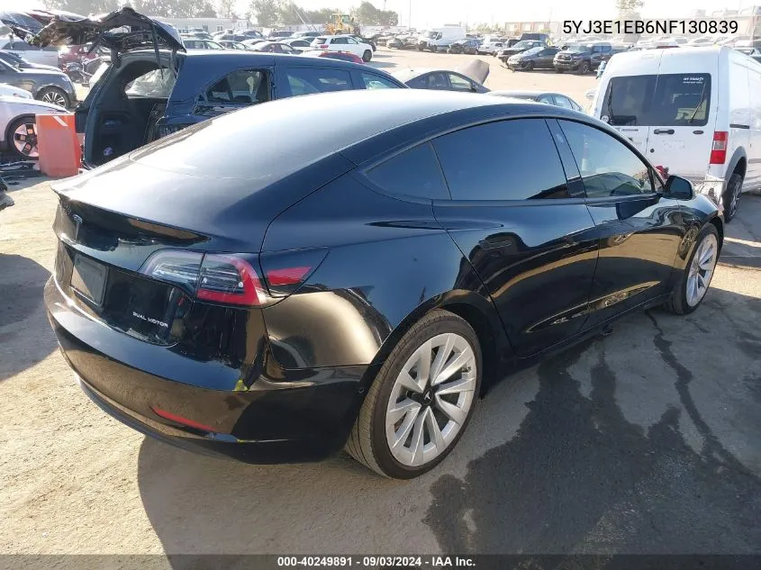 2022 Tesla Model 3 Long Range Dual Motor All-Wheel Drive VIN: 5YJ3E1EB6NF130839 Lot: 40249891