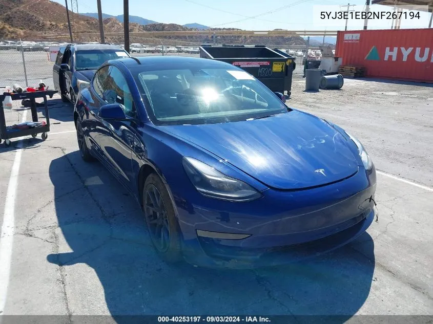 2022 Tesla Model 3 Long Range Dual Motor All-Wheel Drive VIN: 5YJ3E1EB2NF267194 Lot: 40253197