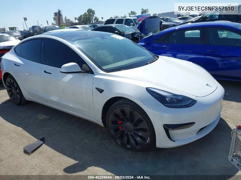 2022 Tesla Model 3 Performance Dual Motor All-Wheel Drive VIN: 5YJ3E1EC8NF357510 Lot: 40259044