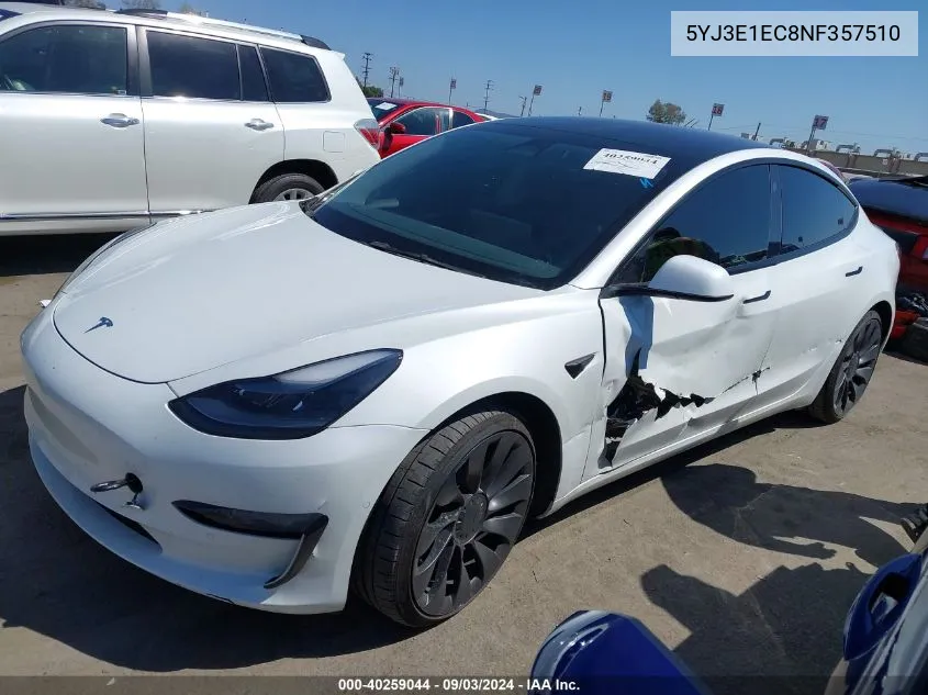 2022 Tesla Model 3 Performance Dual Motor All-Wheel Drive VIN: 5YJ3E1EC8NF357510 Lot: 40259044