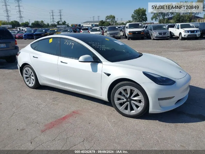 5YJ3E1EA4NF120849 2022 Tesla Model 3 Rear-Wheel Drive