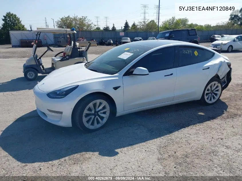 2022 Tesla Model 3 Rear-Wheel Drive VIN: 5YJ3E1EA4NF120849 Lot: 40262679