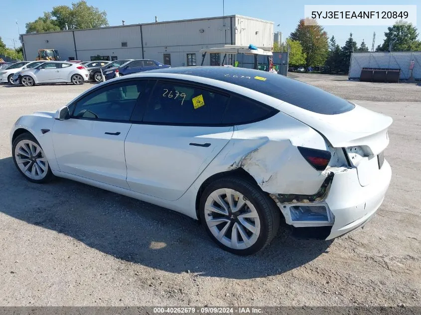 5YJ3E1EA4NF120849 2022 Tesla Model 3 Rear-Wheel Drive