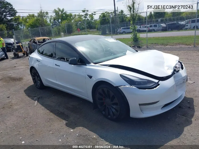 2022 Tesla Model 3 Performance Dual Motor All-Wheel Drive VIN: 5YJ3E1EC3NF270243 Lot: 40270351