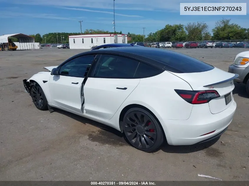 2022 Tesla Model 3 Performance Dual Motor All-Wheel Drive VIN: 5YJ3E1EC3NF270243 Lot: 40270351